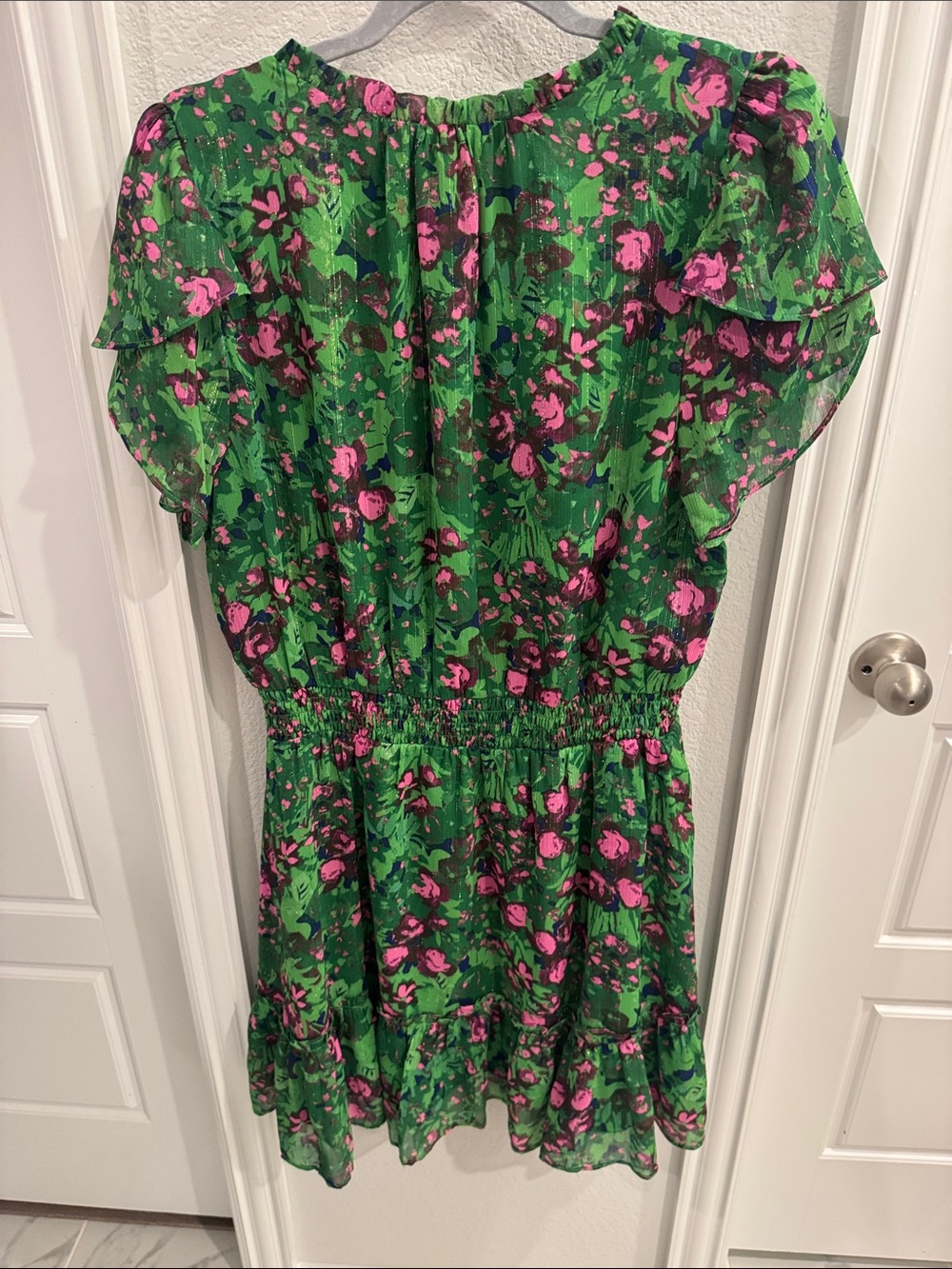 Sugarlips Green Floral Flutter Sleeve Dress with Pink Accents - Picture 4 of 4
